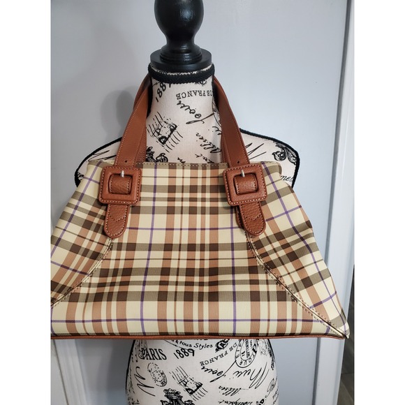 Liz Claiborne Handbags - Liz Claiborne Plaid Shoulder Bag Brown Tan Purple Buckle Strap Handbag